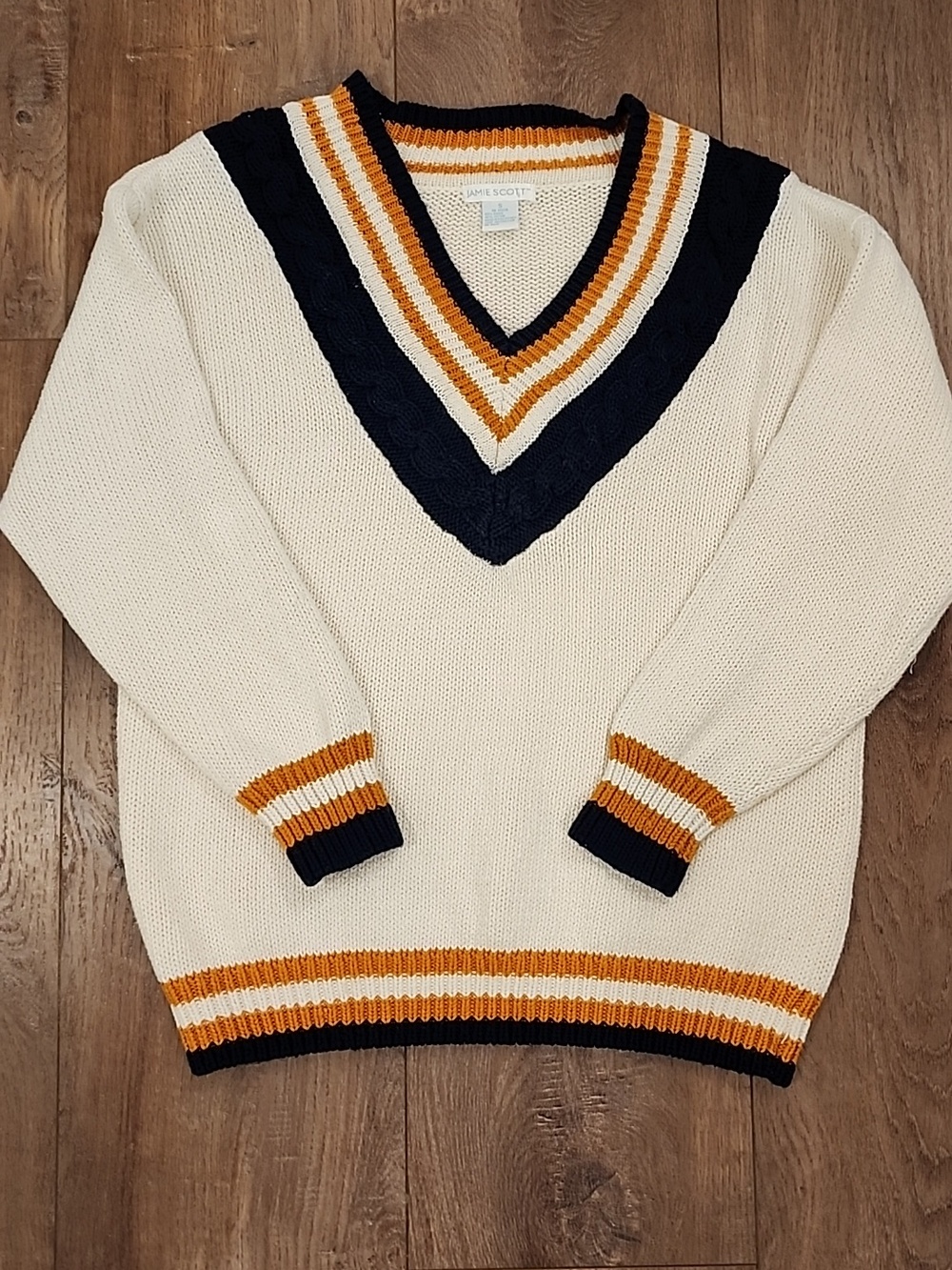 Vintage Jamie Scott V-Neck Cable Knit Trim Tennis Prep Sweater Cotton size Small